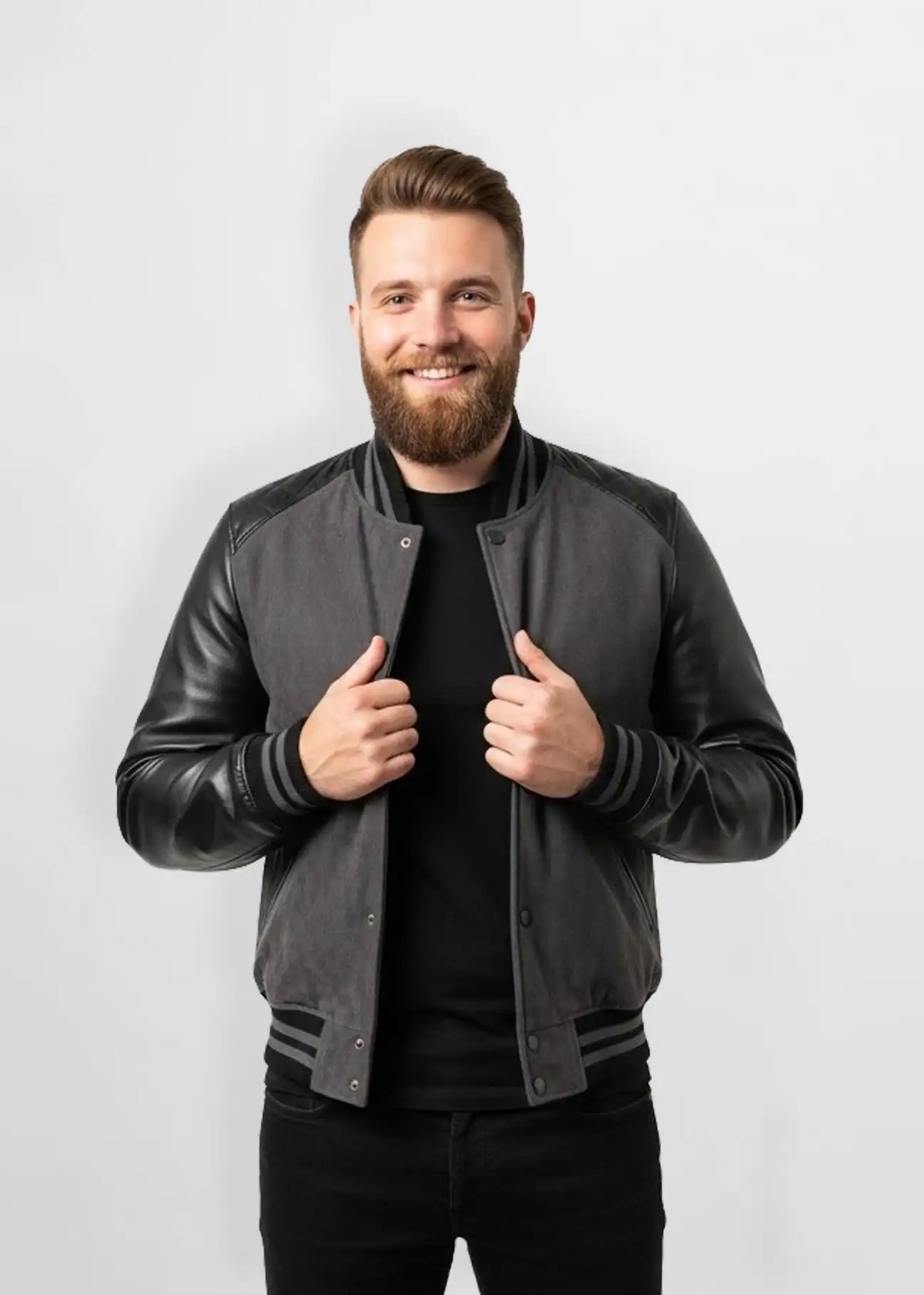 Quilted Grey Suede Leather Varsity Jacket Front view