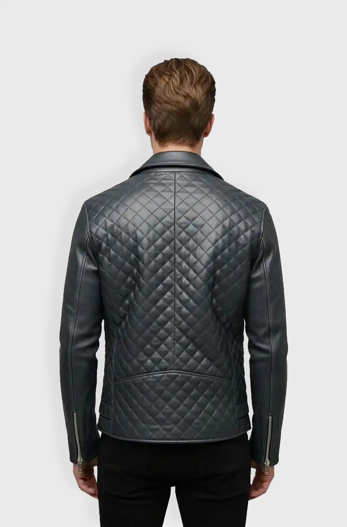 Quilted Midnight Blue Leather Biker Jacket Back view