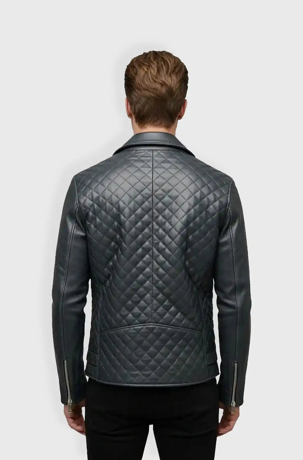 Quilted Midnight Blue Leather Biker Jacket Back view
