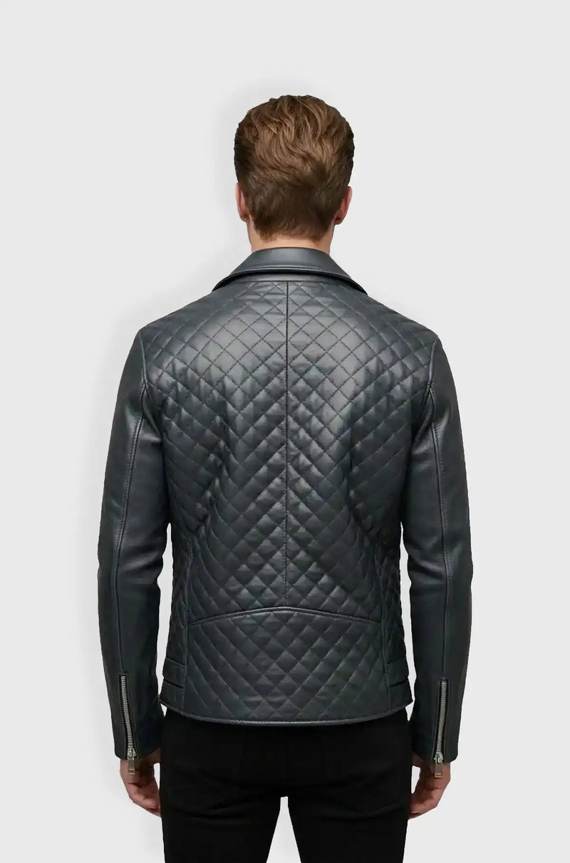 Quilted Midnight Blue Leather Biker Jacket Back view