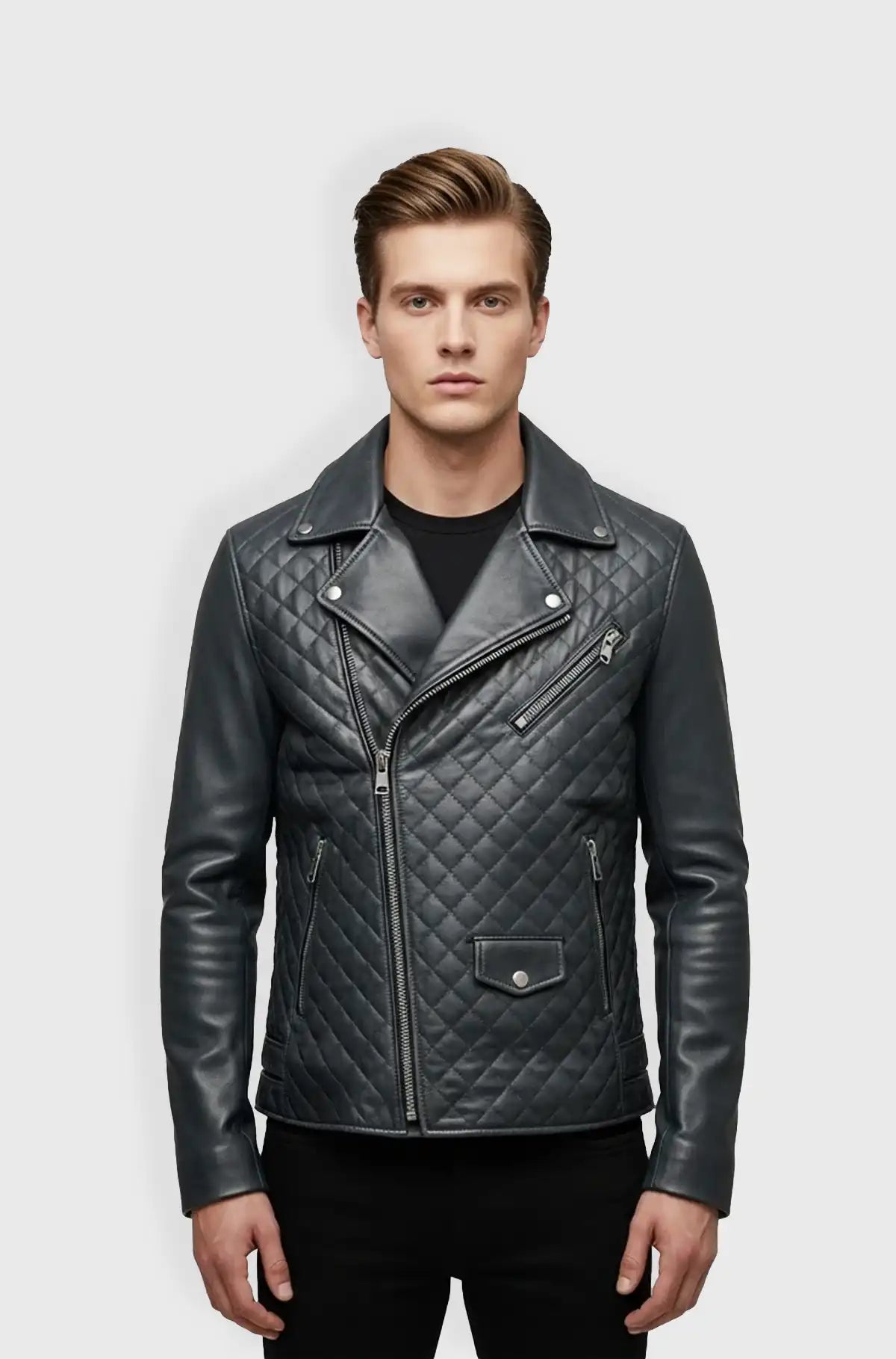 Quilted Midnight Blue Leather Biker Jacket Front view