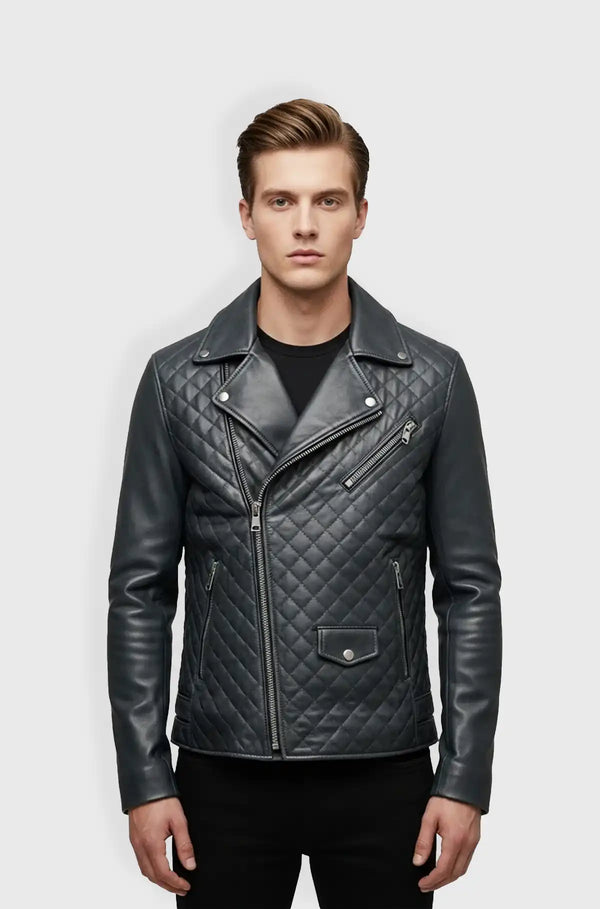 Quilted Midnight Blue Leather Biker Jacket Front view