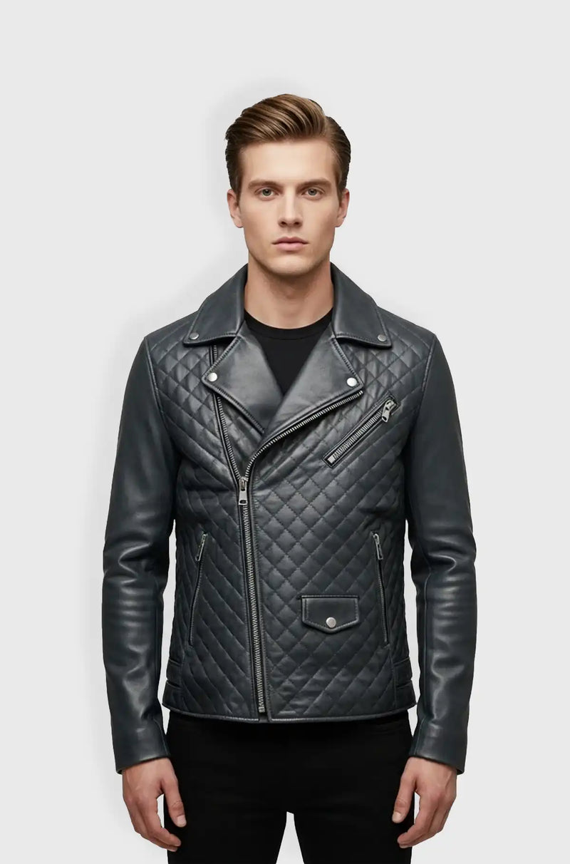 Quilted Midnight Blue Leather Biker Jacket Front view