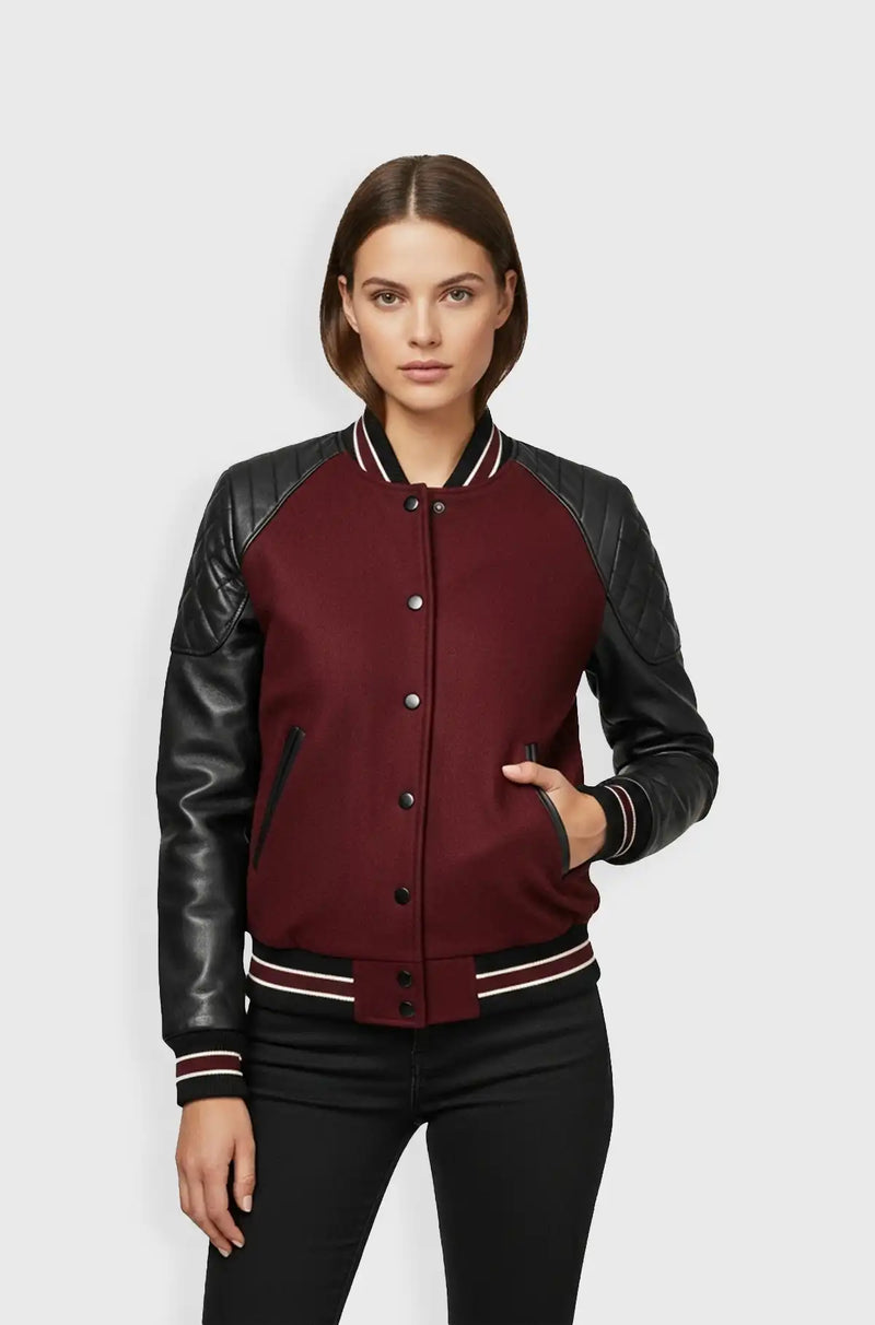 Quilted Sleeves Burgundy Varsity Leather Jacket