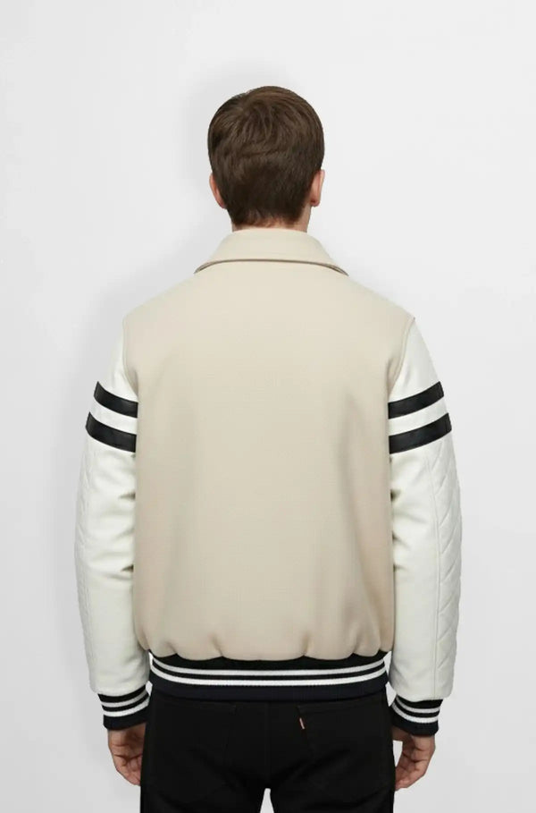 Quilted Stone Beige Wool Leather Varsity Jacket Back view