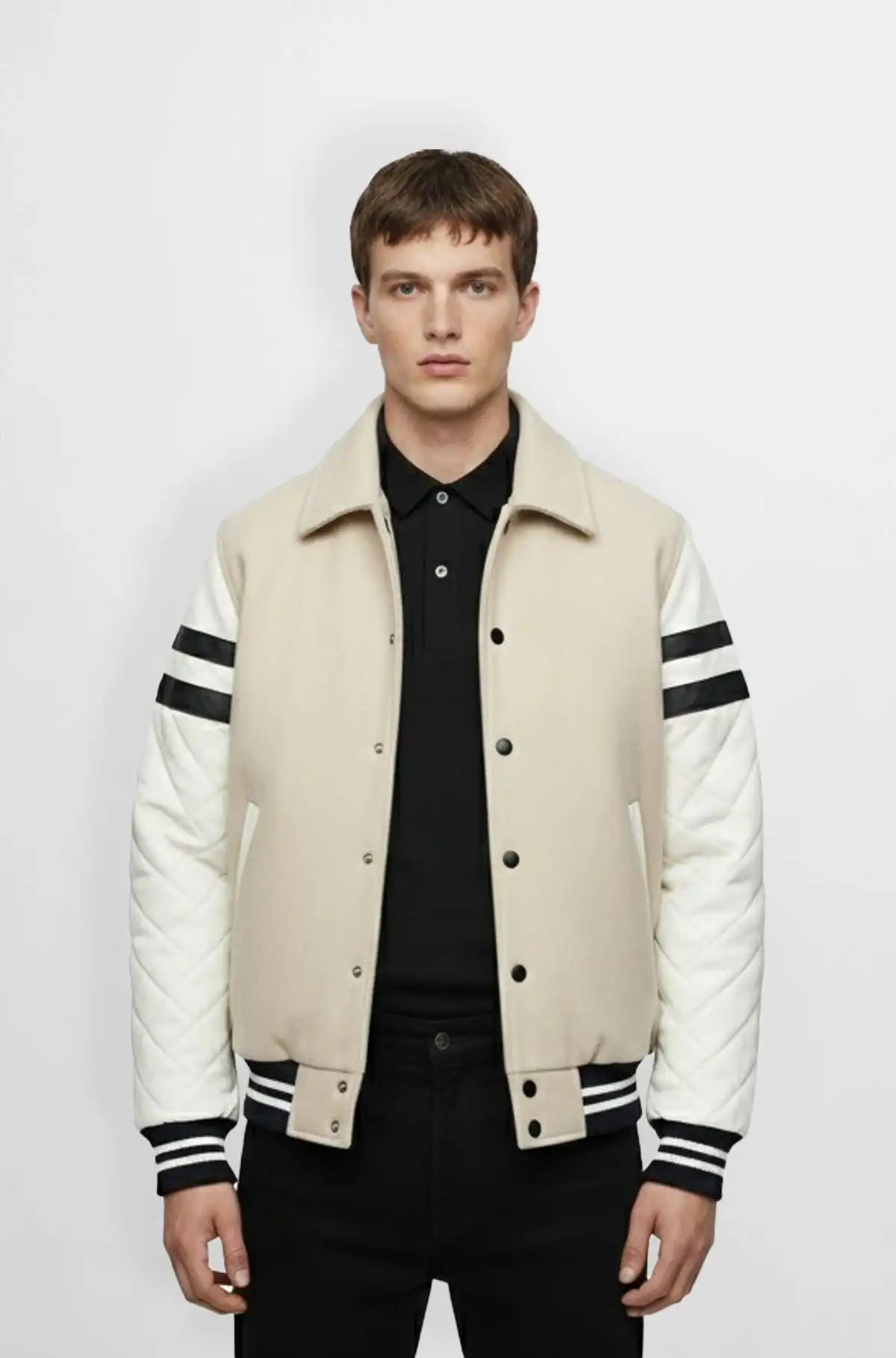 Quilted Stone Beige Wool Leather Varsity Jacket Front view