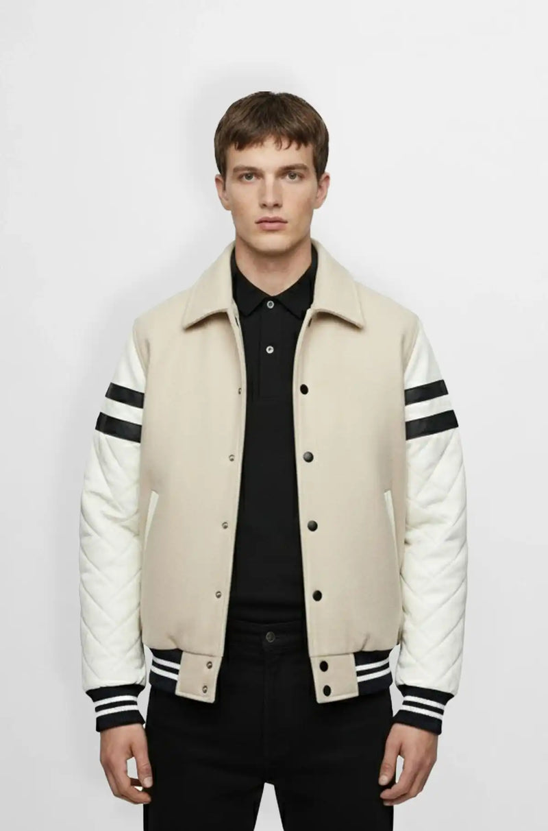 Quilted Stone Beige Wool Leather Varsity Jacket Front view
