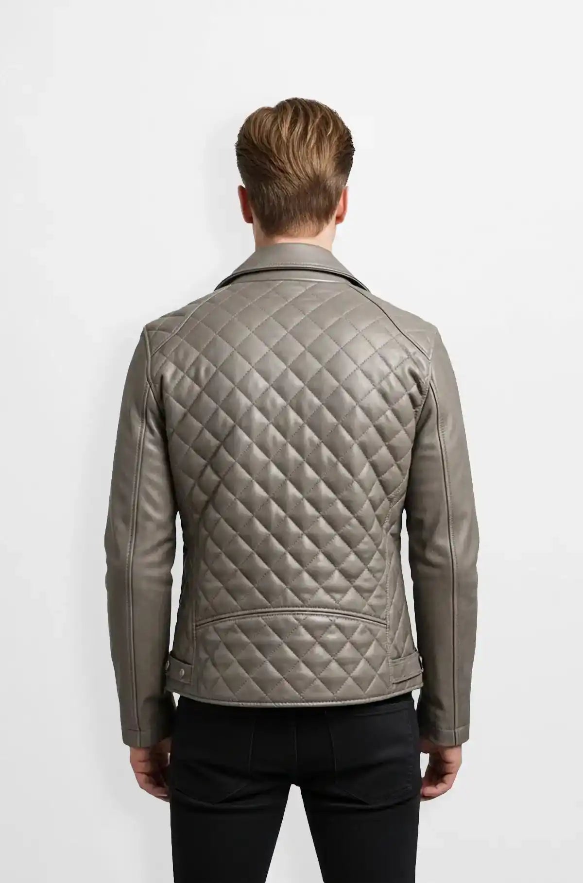 Quilted Taupe Grey Leather Biker Jacket Back view
