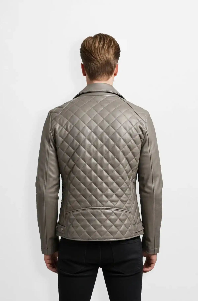 Quilted Taupe Grey Leather Biker Jacket Back view