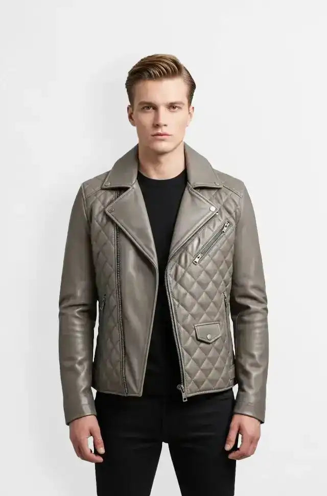 Quilted Taupe Grey Leather Biker Jacket Front view
