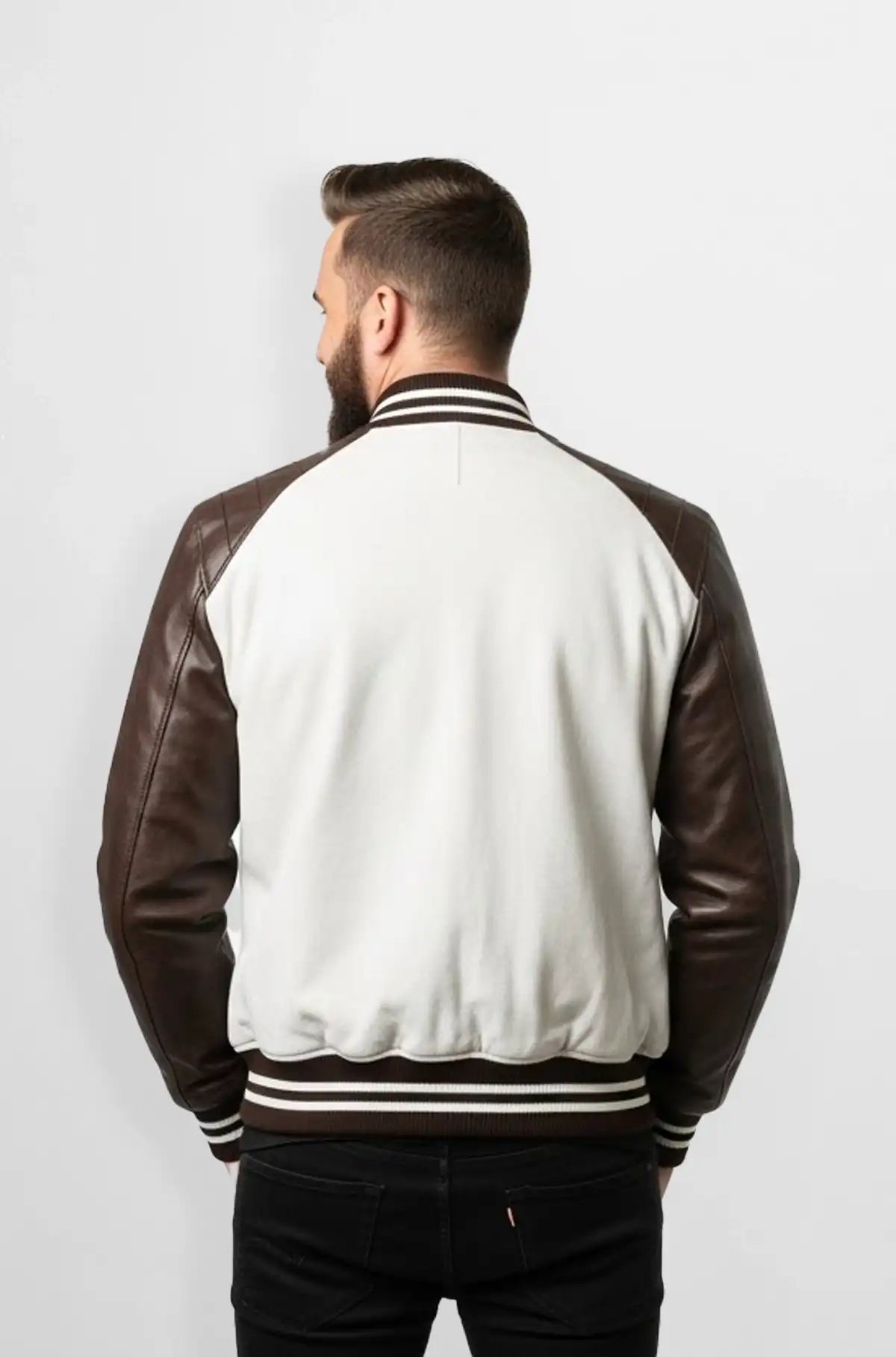 Quilted White Suede Leather Varsity Jacket Back view