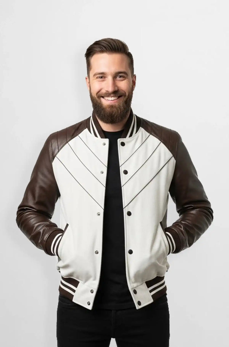 Quilted White Suede Leather Varsity Jacket Front view