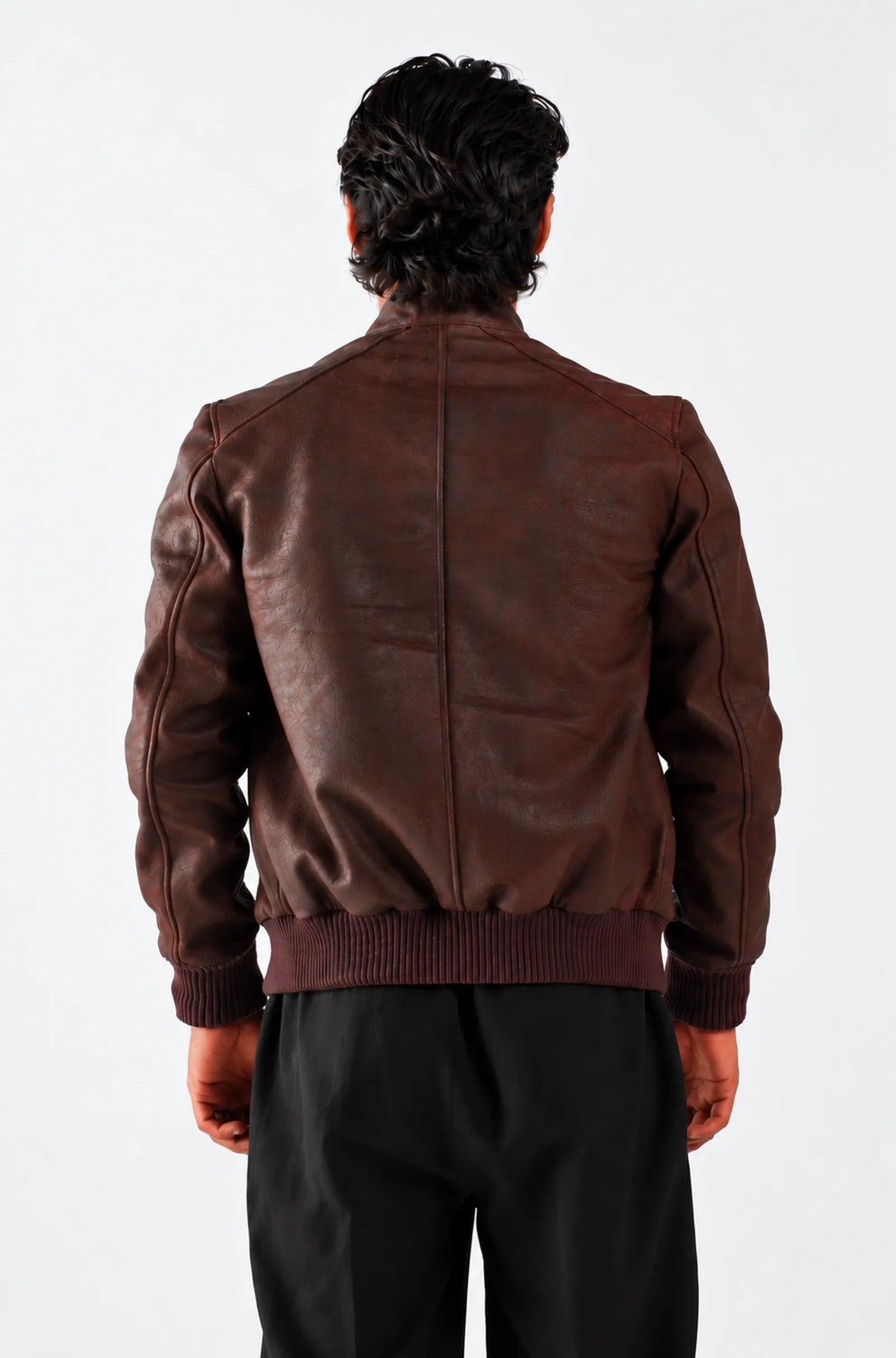 Dark Brown Leather Bomber Jacket with Stand Up Collar