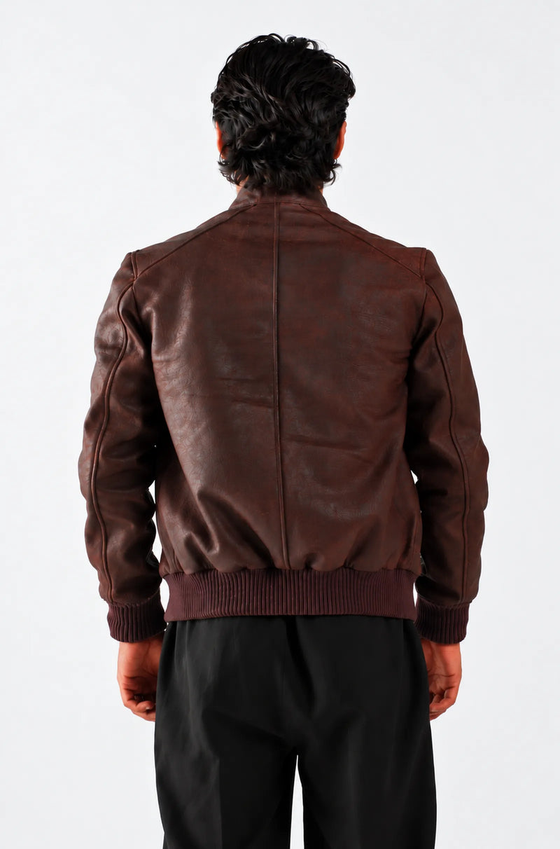 Dark Brown Leather Bomber Jacket with Stand Up Collar
