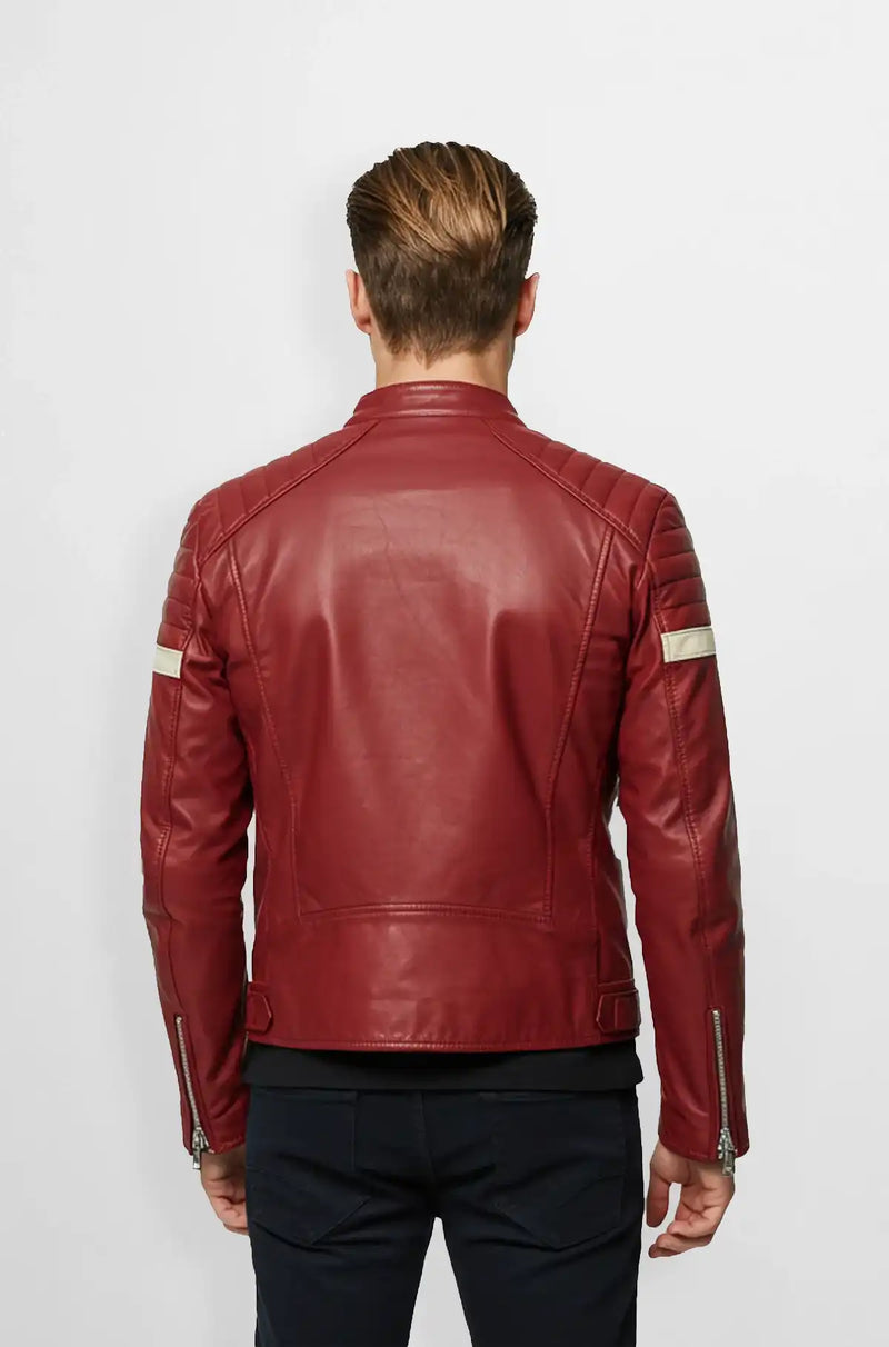 Red & Cream Stripes Leather Racer Jacket Back view
