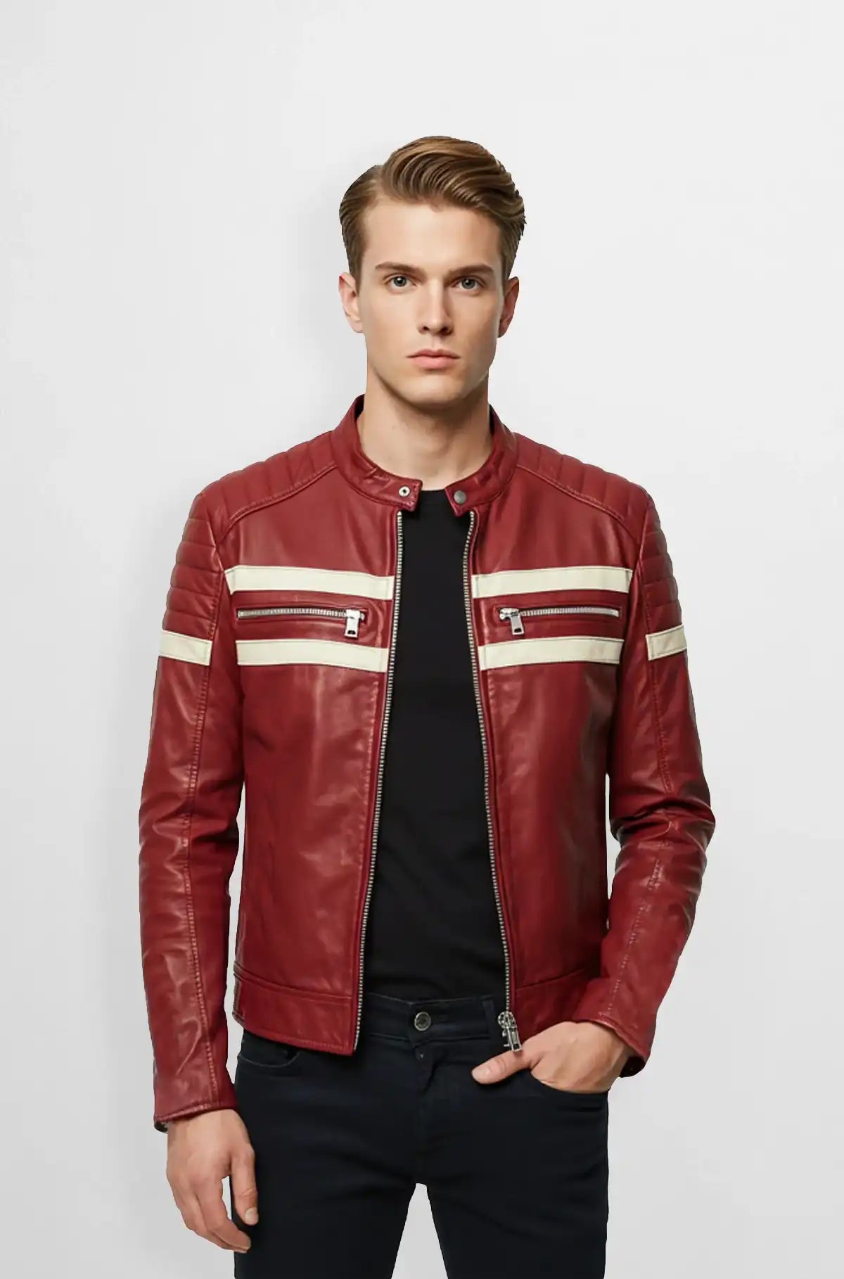 Red & Cream Stripes Leather Racer Jacket Front view