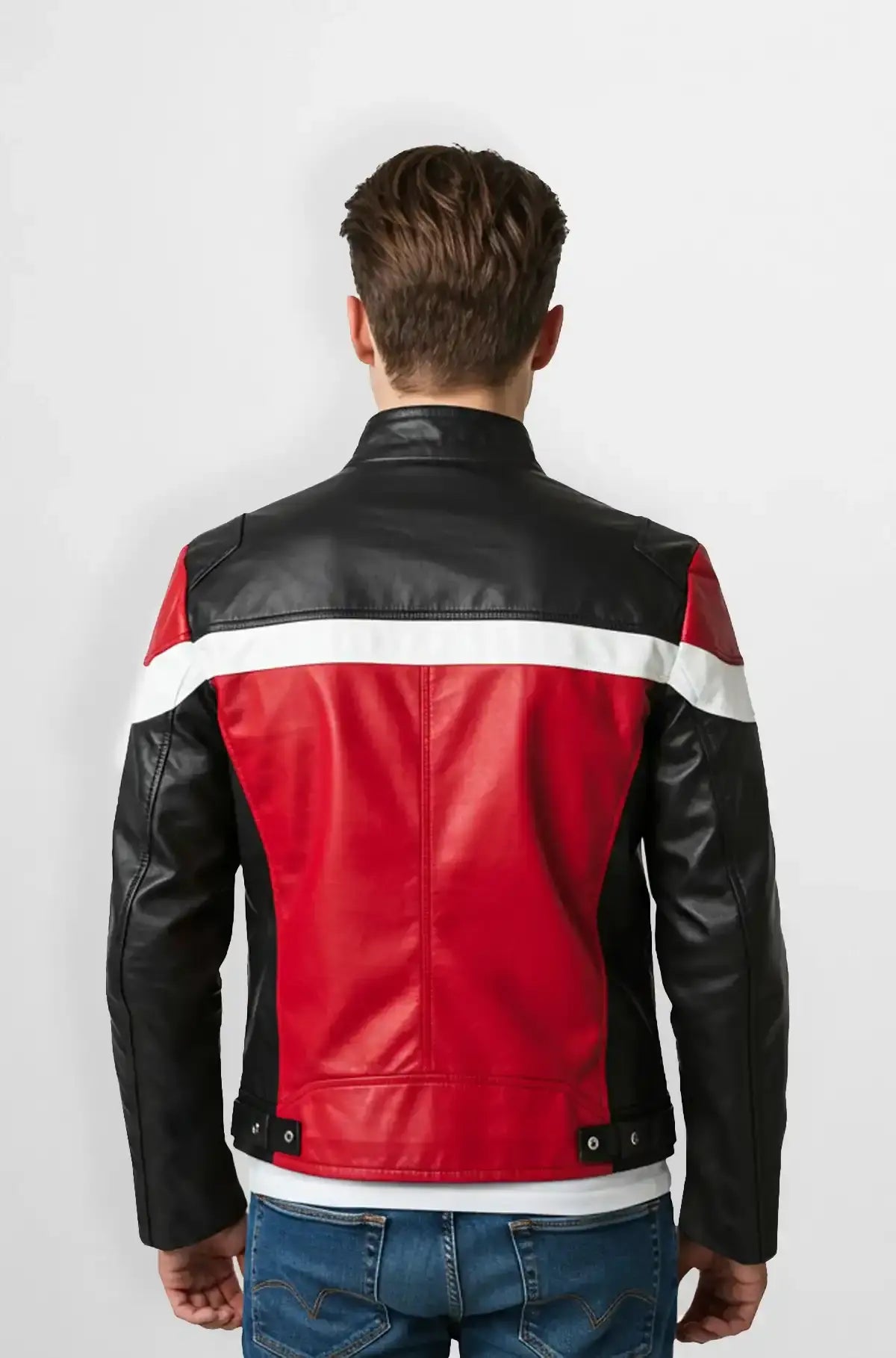 Red & white Block Black Racer Leather Jacket