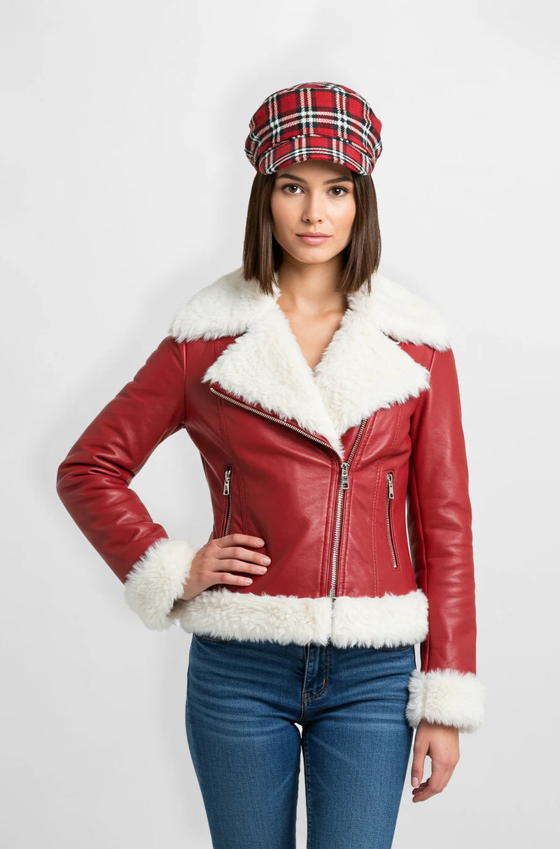 Red Cherry Leather Biker Jacket Front view