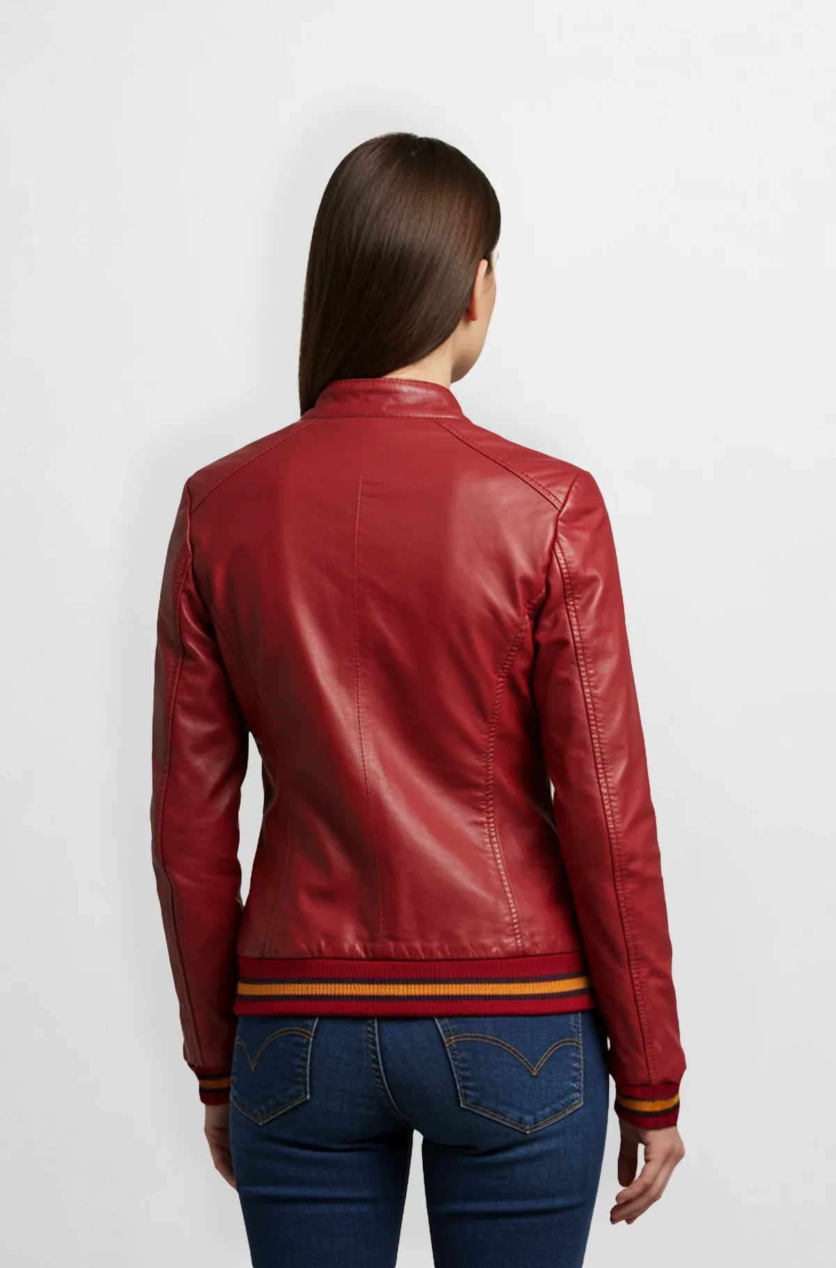 Red Wine Premium Leather Bomber Jacket Back view