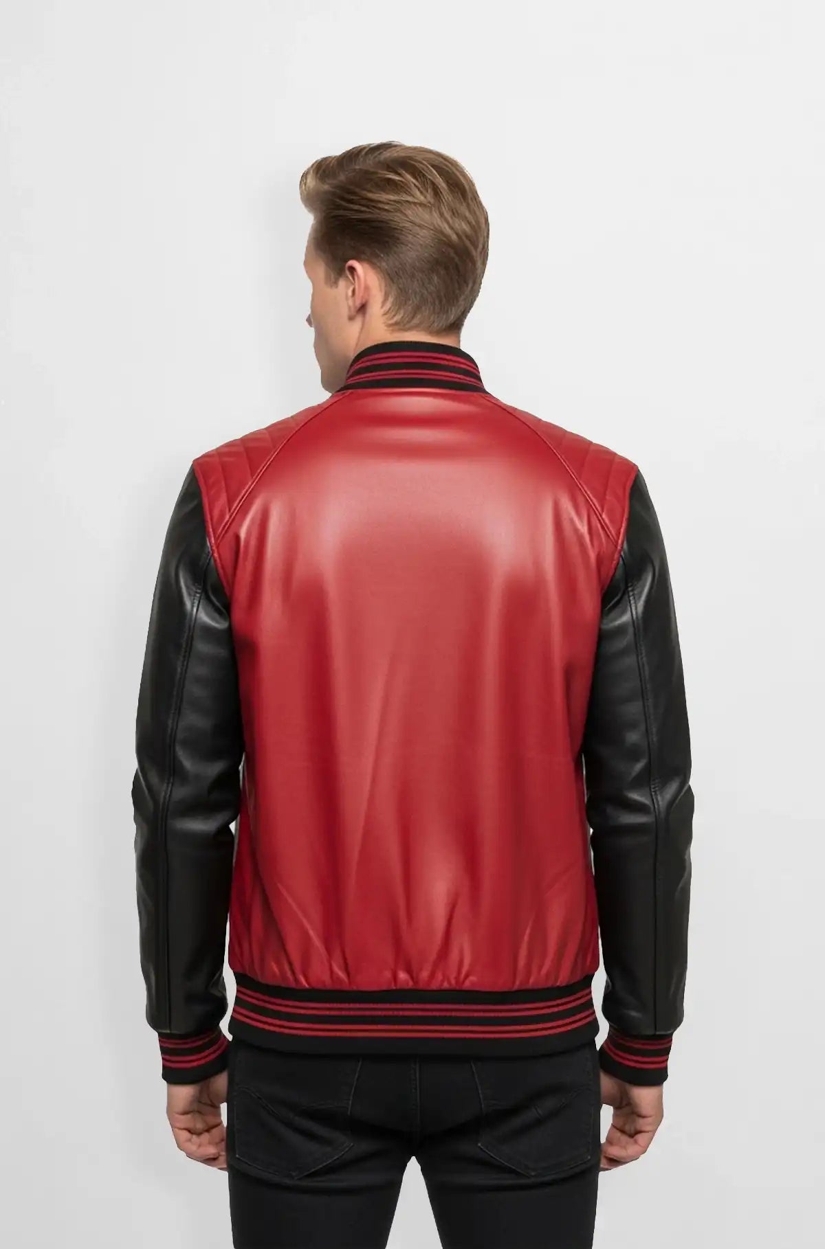Red and Black Leather Varsity Jacket back view