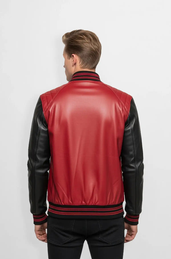 Red and Black Leather Varsity Jacket back view
