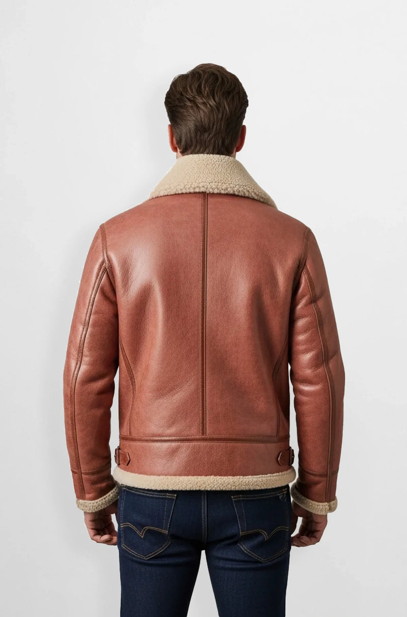 Reddish and Tan Leather Bomber Jacket Back view