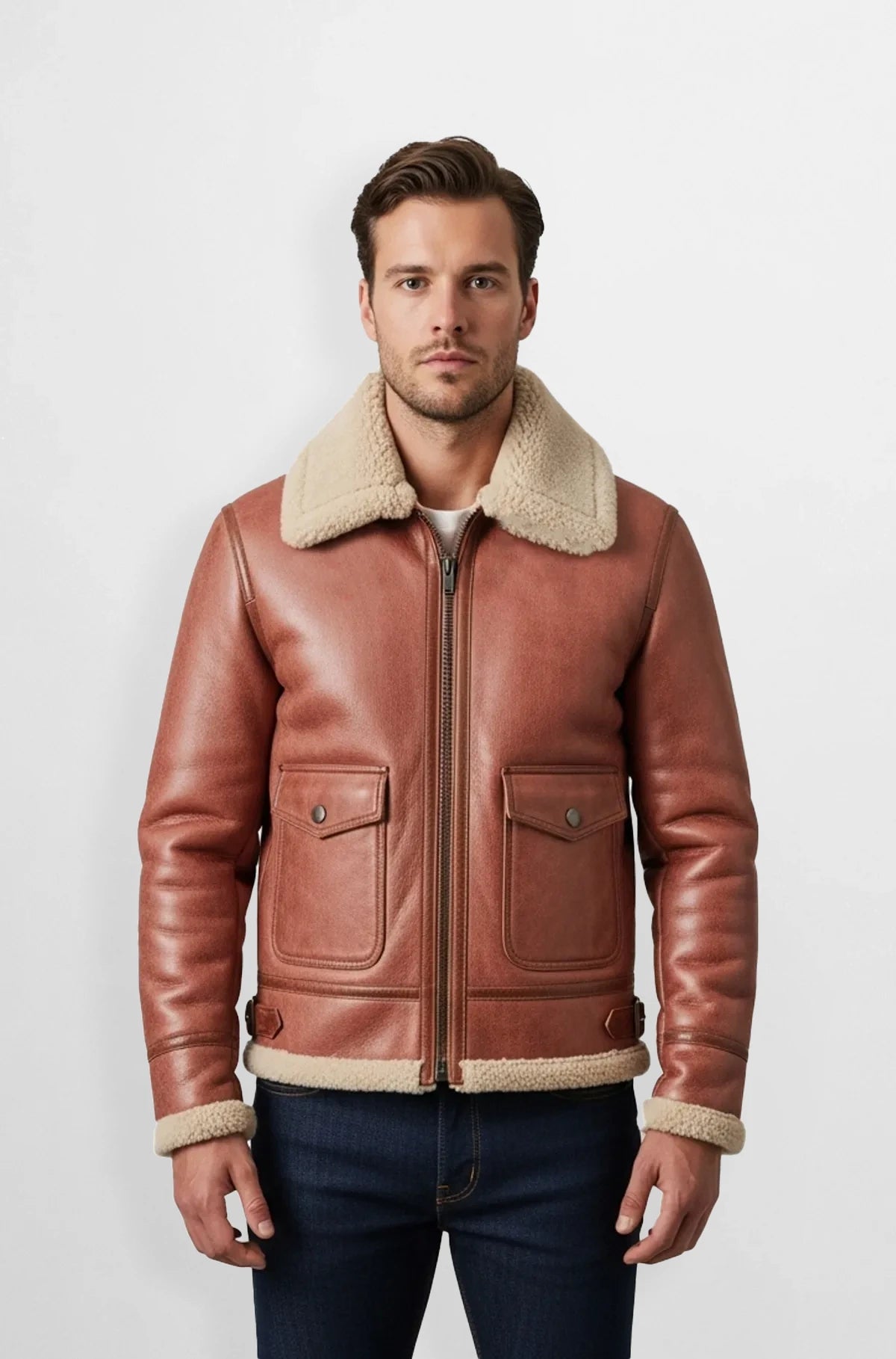 Reddish and Tan Leather Bomber Jacket Front view