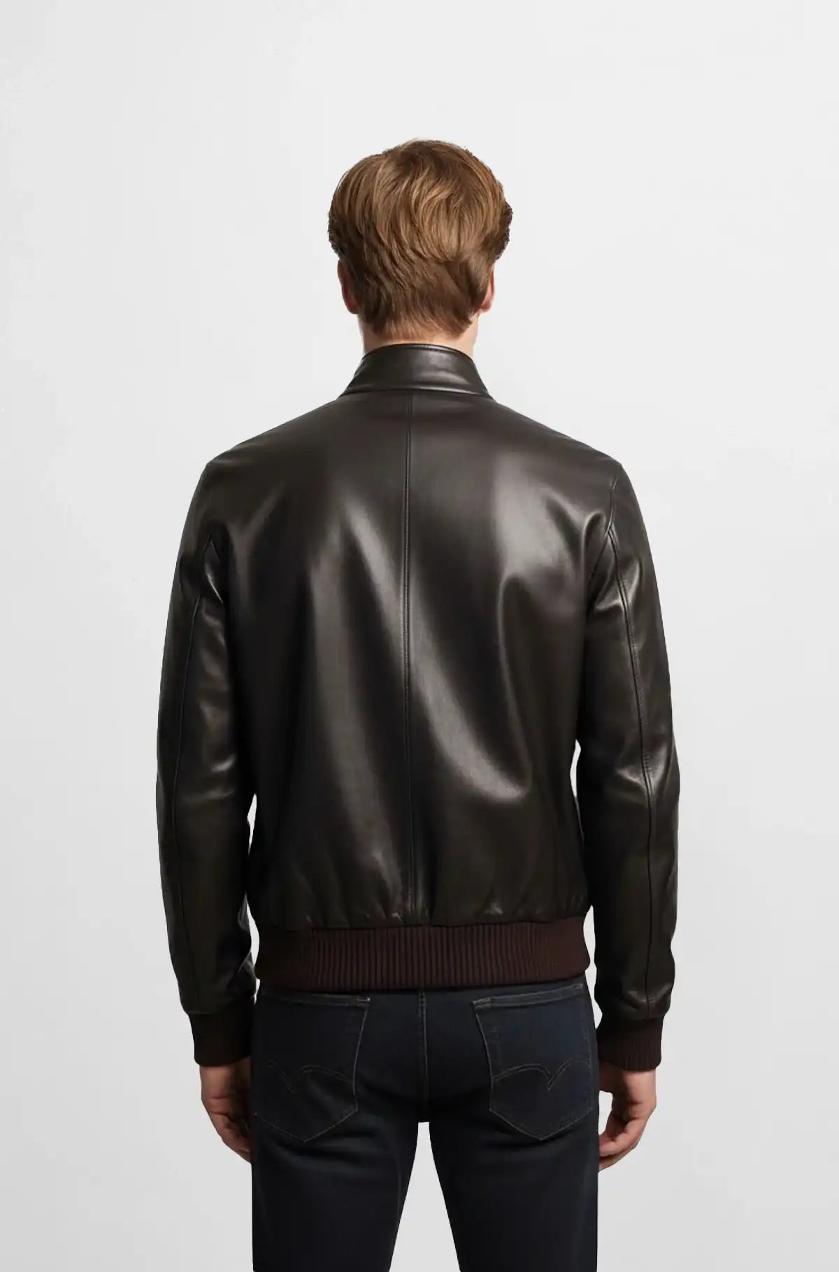 Rich Mahogany Brown Leather Bomber Jacket Back view