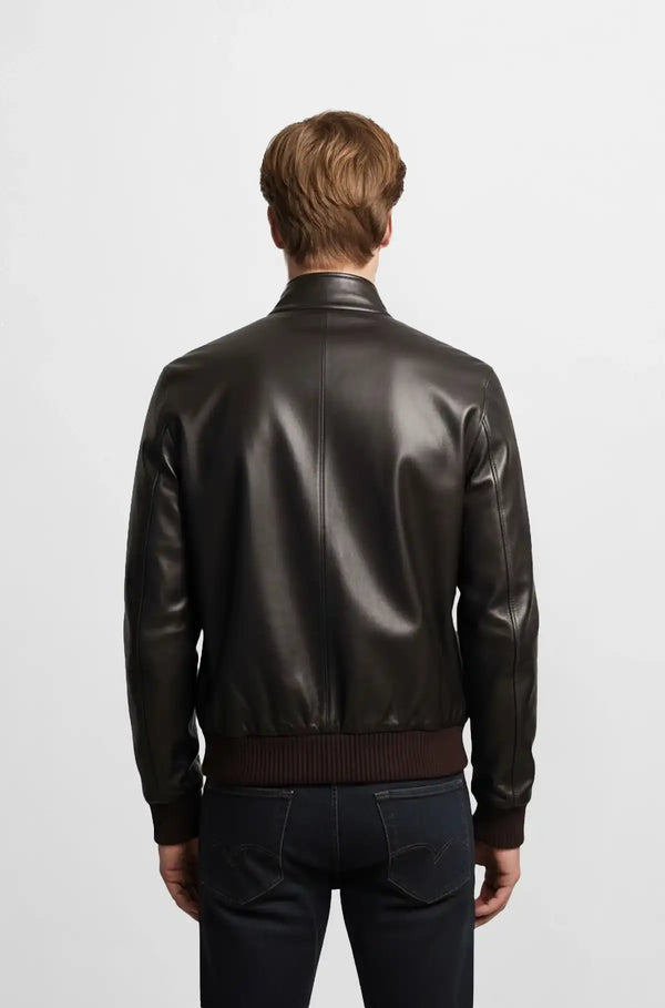 Rich Mahogany Brown Leather Bomber Jacket Back view