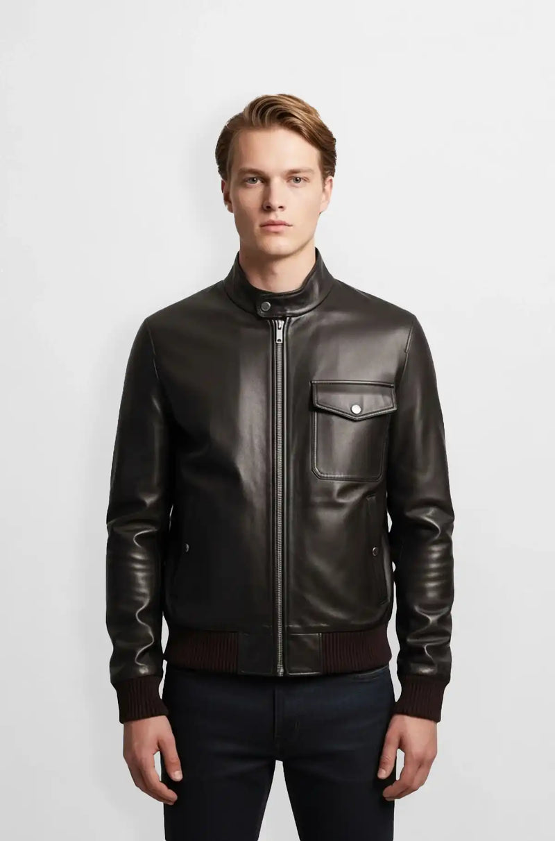 Rich Mahogany Brown Leather Bomber Jacket Front view