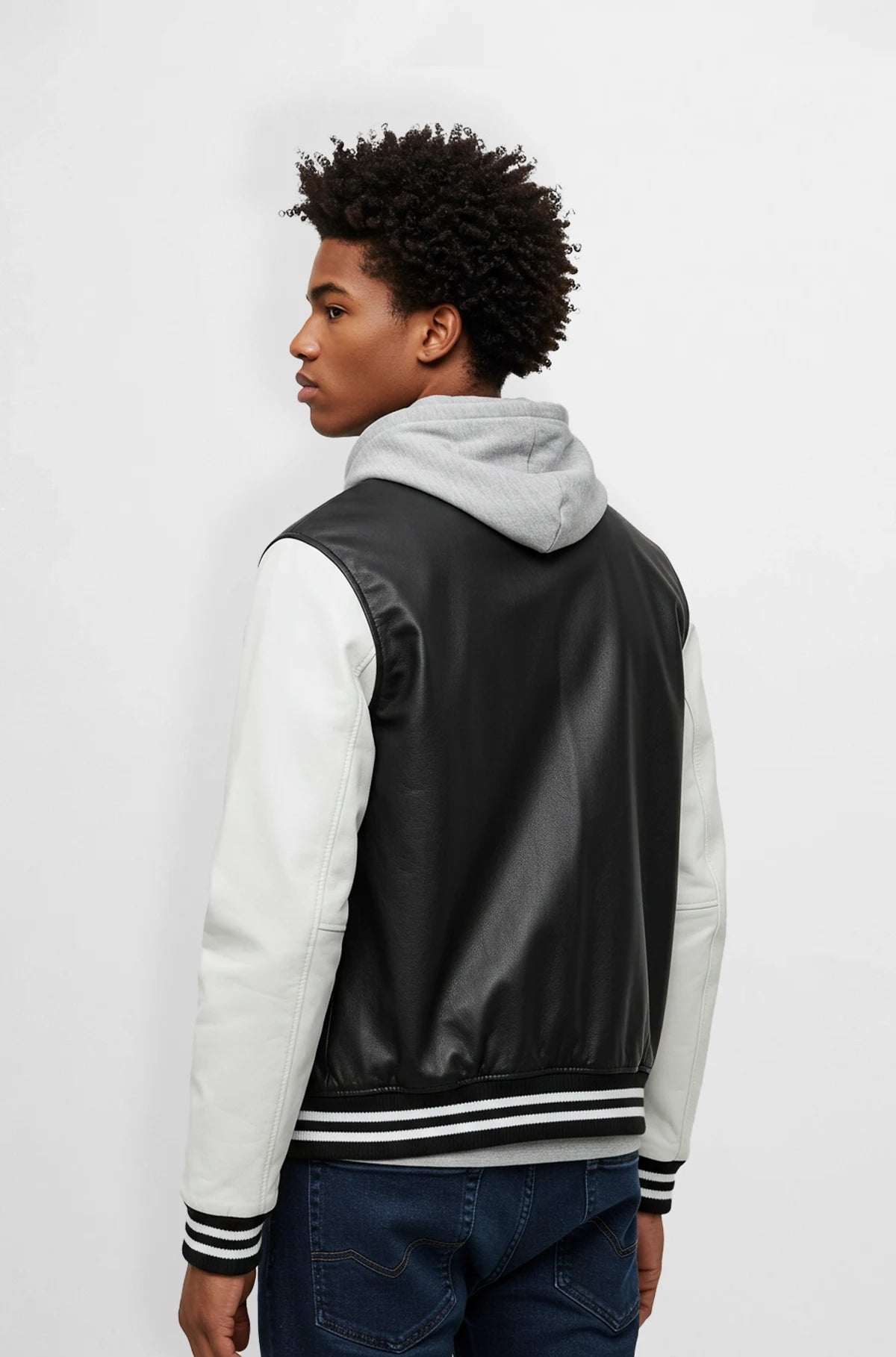 Rich black and white varsity leather jacket back view