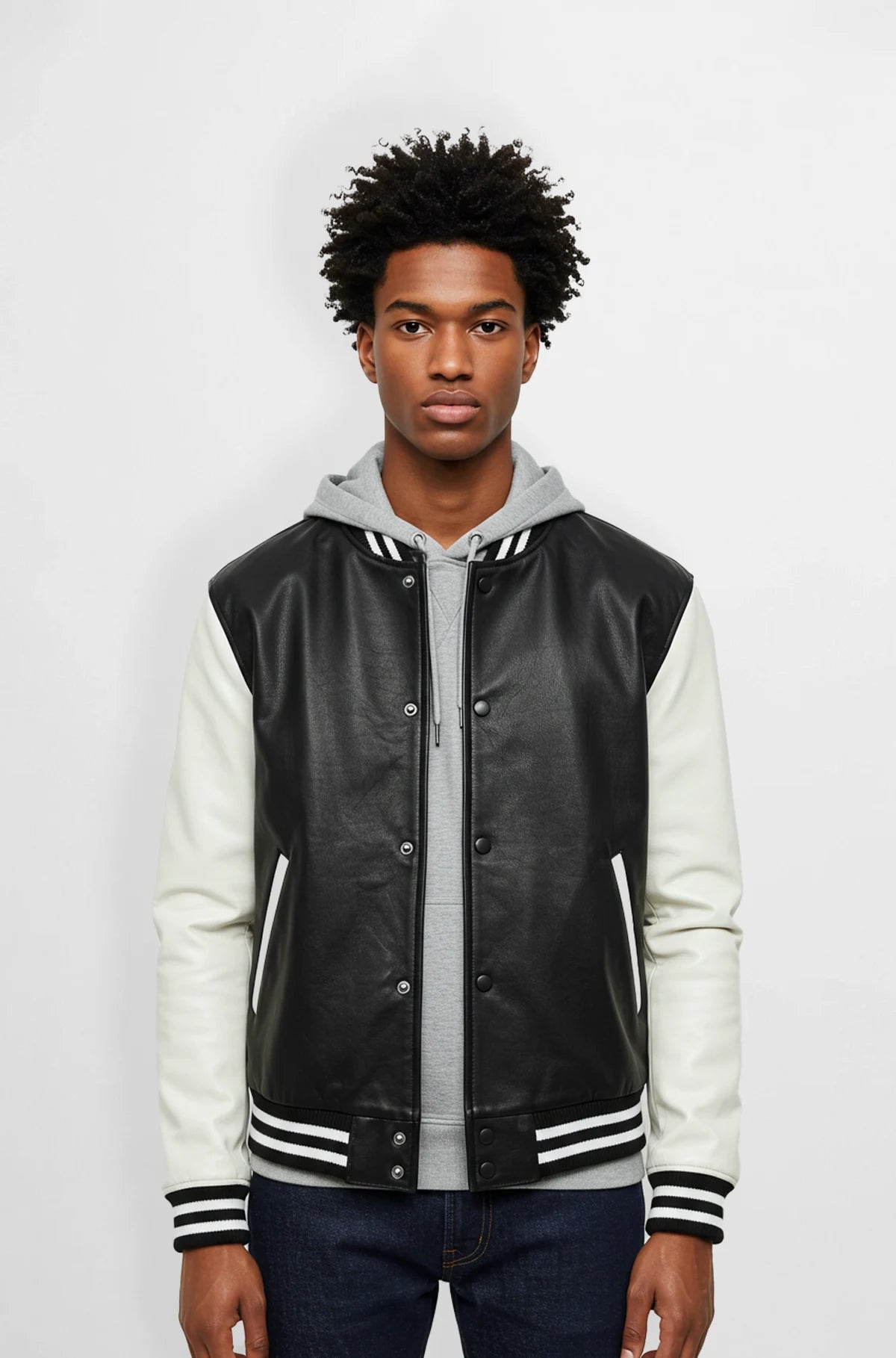 Rich black and white varsity leather jacket front view