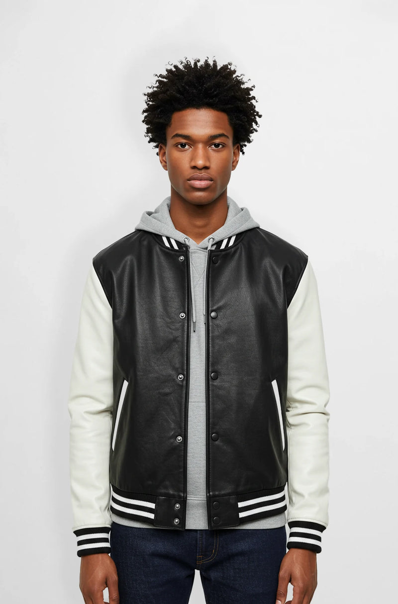 Rich black and white varsity leather jacket front view