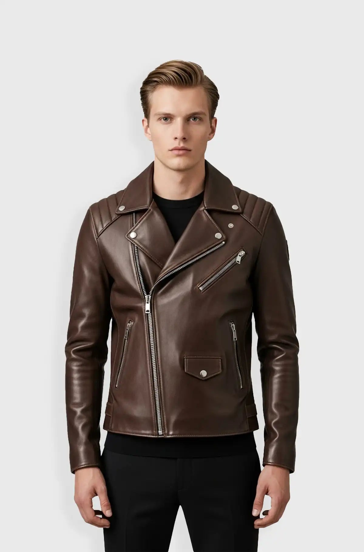 Ridge Classic Brown Leather Biker Front Usa