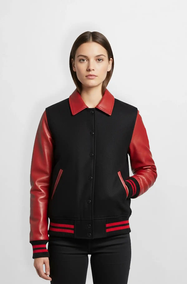 Rose Red and Black Leather Varsity Jacket