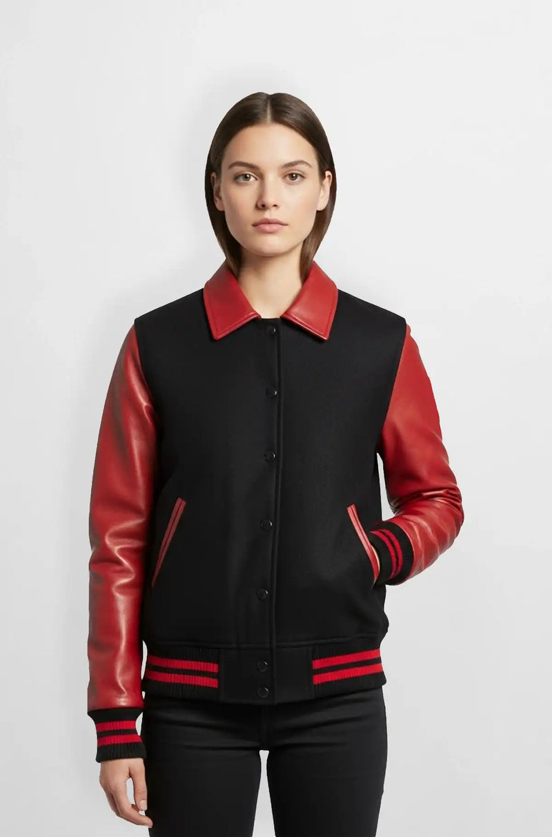 Rose Red and Black Leather Varsity Jacket