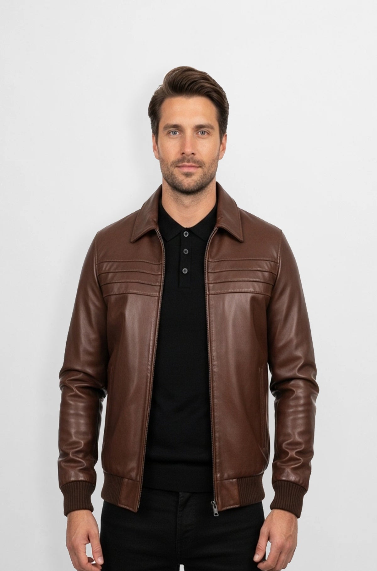 Russet Brown Leather Bomber Jacket for Men