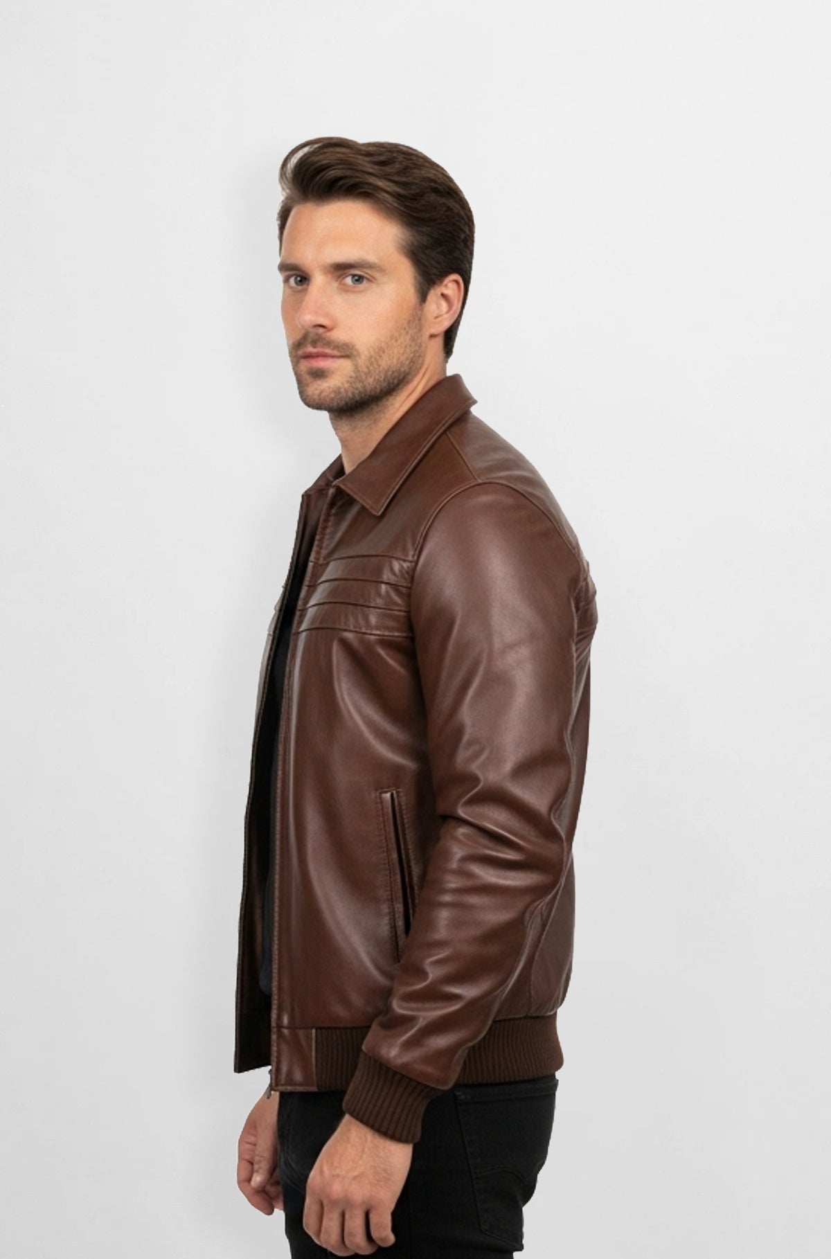 Russet Brown Leather Bomber Jacket for Men
