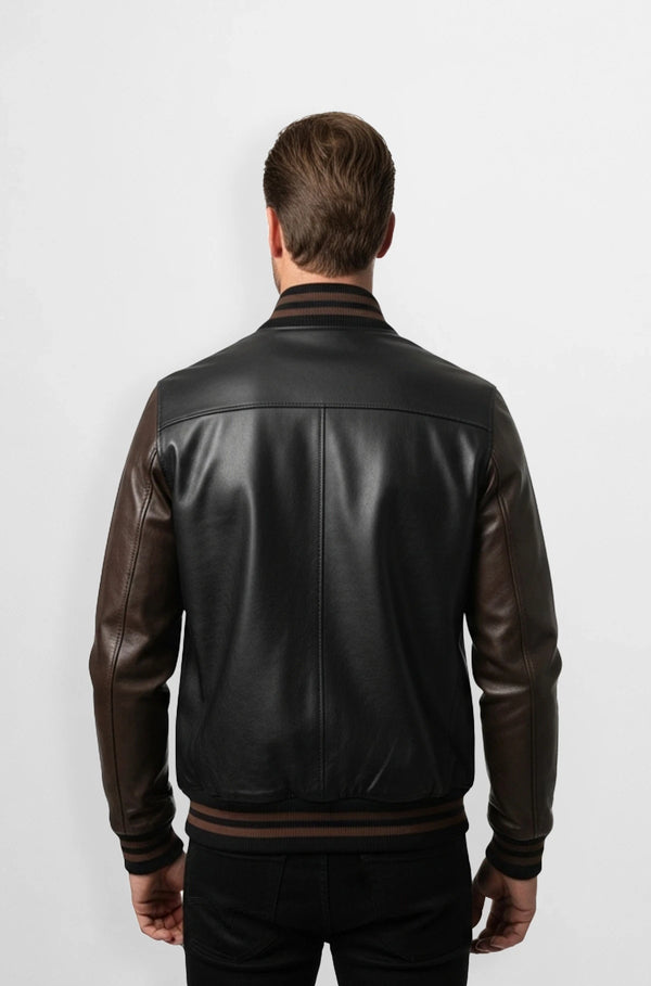 Rust Brown Quilted  Bomber Leather Jacket for Men
