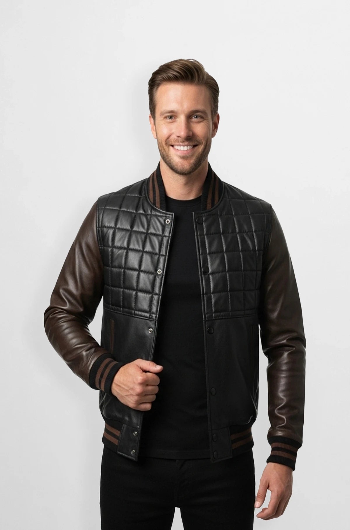 Rust Brown Quilted varsity Leather Jacket for Men