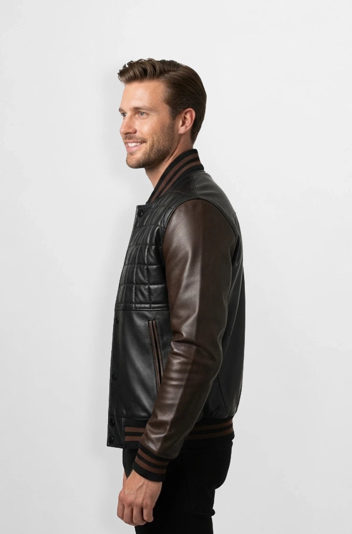 Rust Brown Quilted  Bomber Leather Jacket for Men