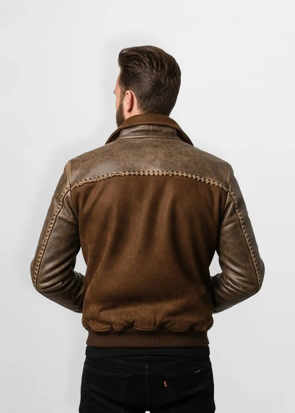 Rust Brown Vintage Suede Leather Bomber Jacket Back view