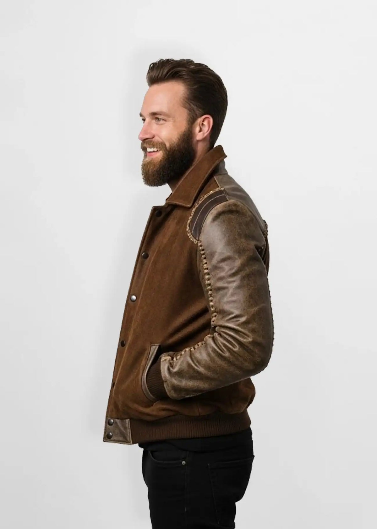 Rust Brown Vintage Suede Leather Bomber Jacket Side view