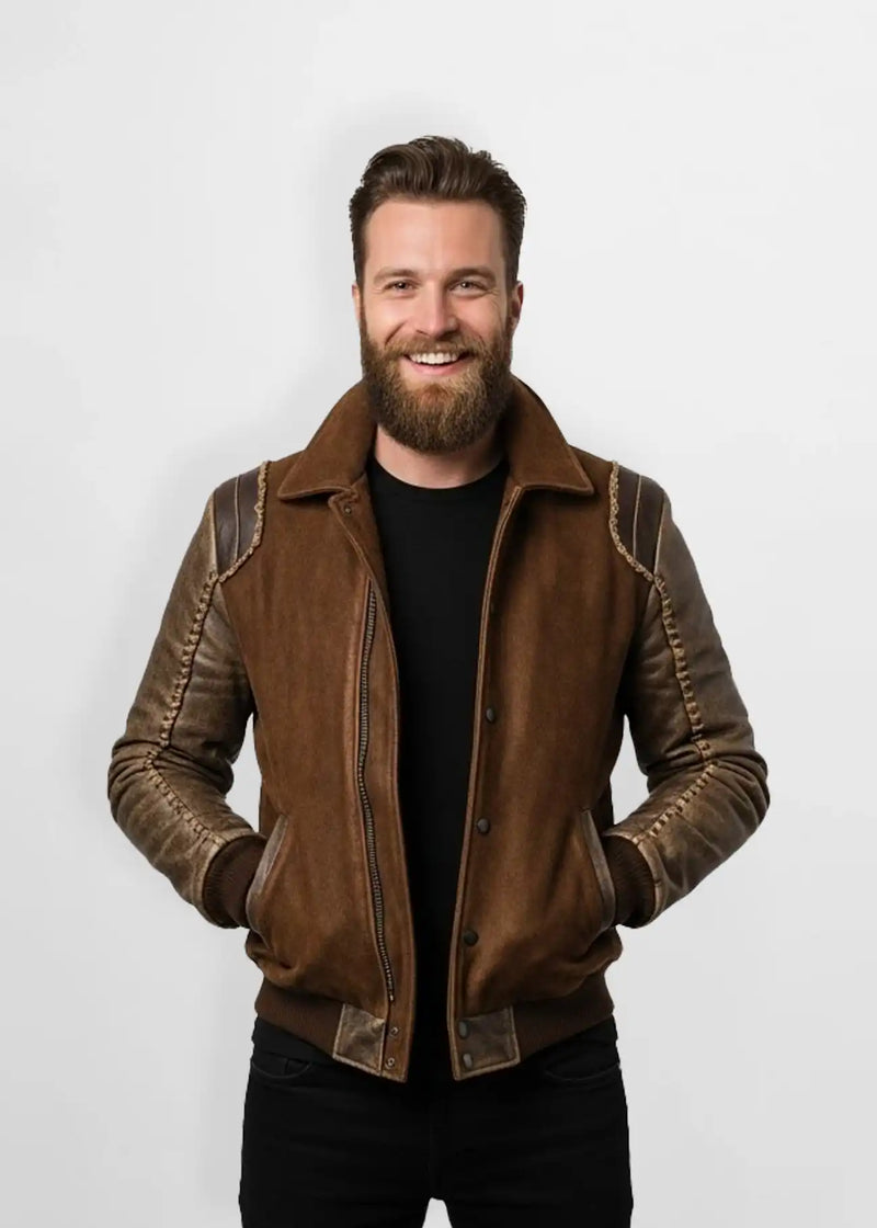 Rust Brown Vintage Suede Leather Bomber Jacket Front view