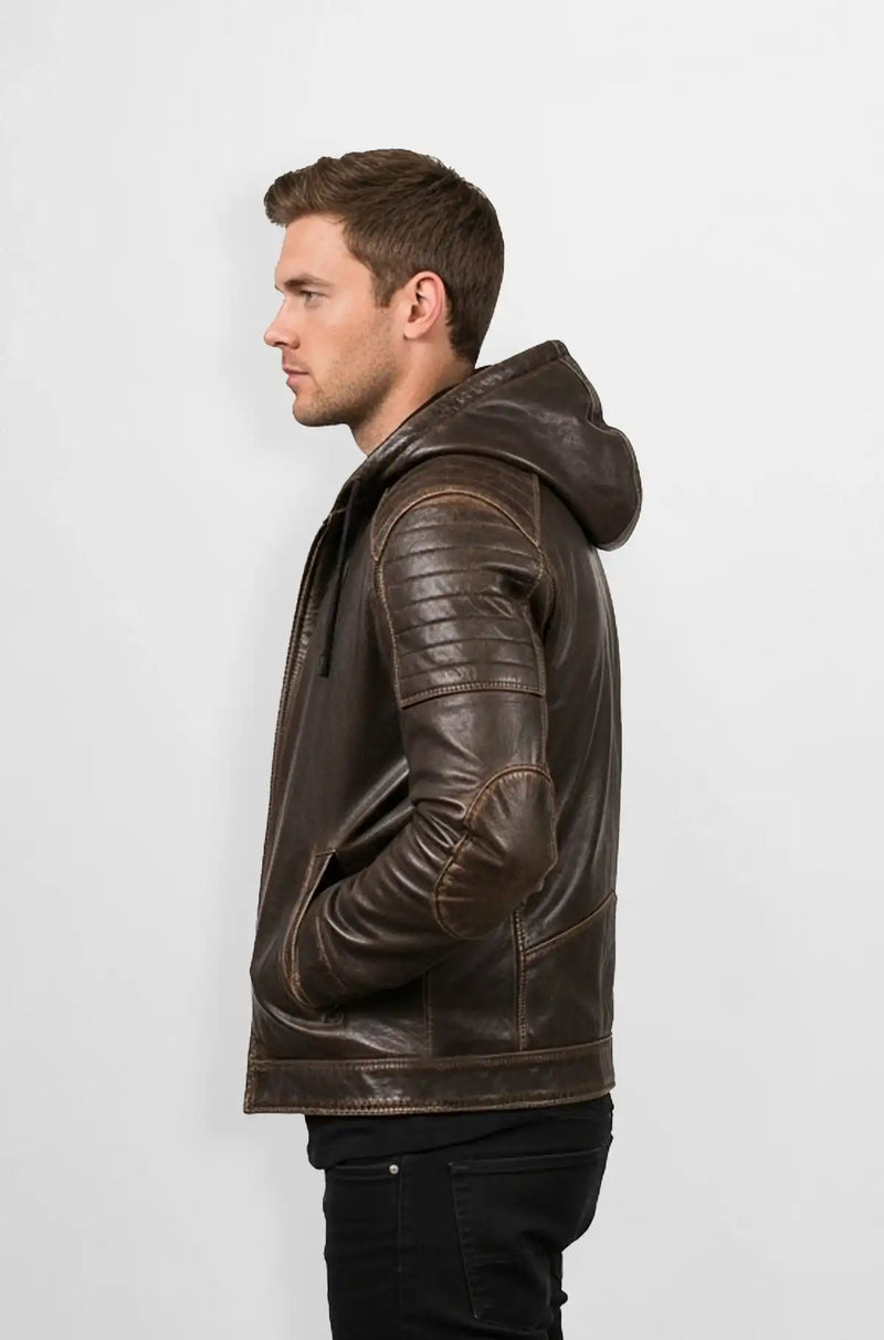 RustRider Hooded Biker Leather Jacket
