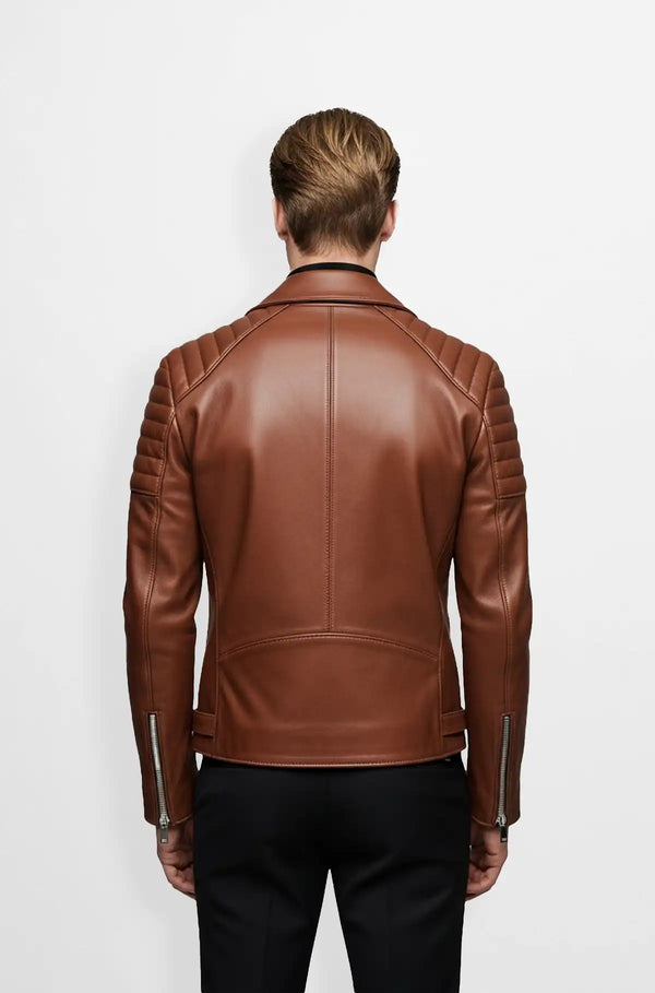 Saddle Edge Tan Biker Leather Jacket Back Usa