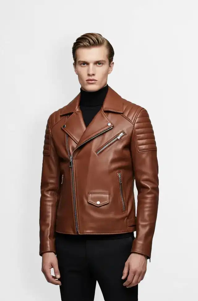 Saddle Edge Tan Biker Leather Jacket Front Usa