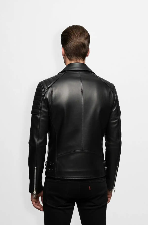 Shadow Rider Black Biker Leather Jacket back view