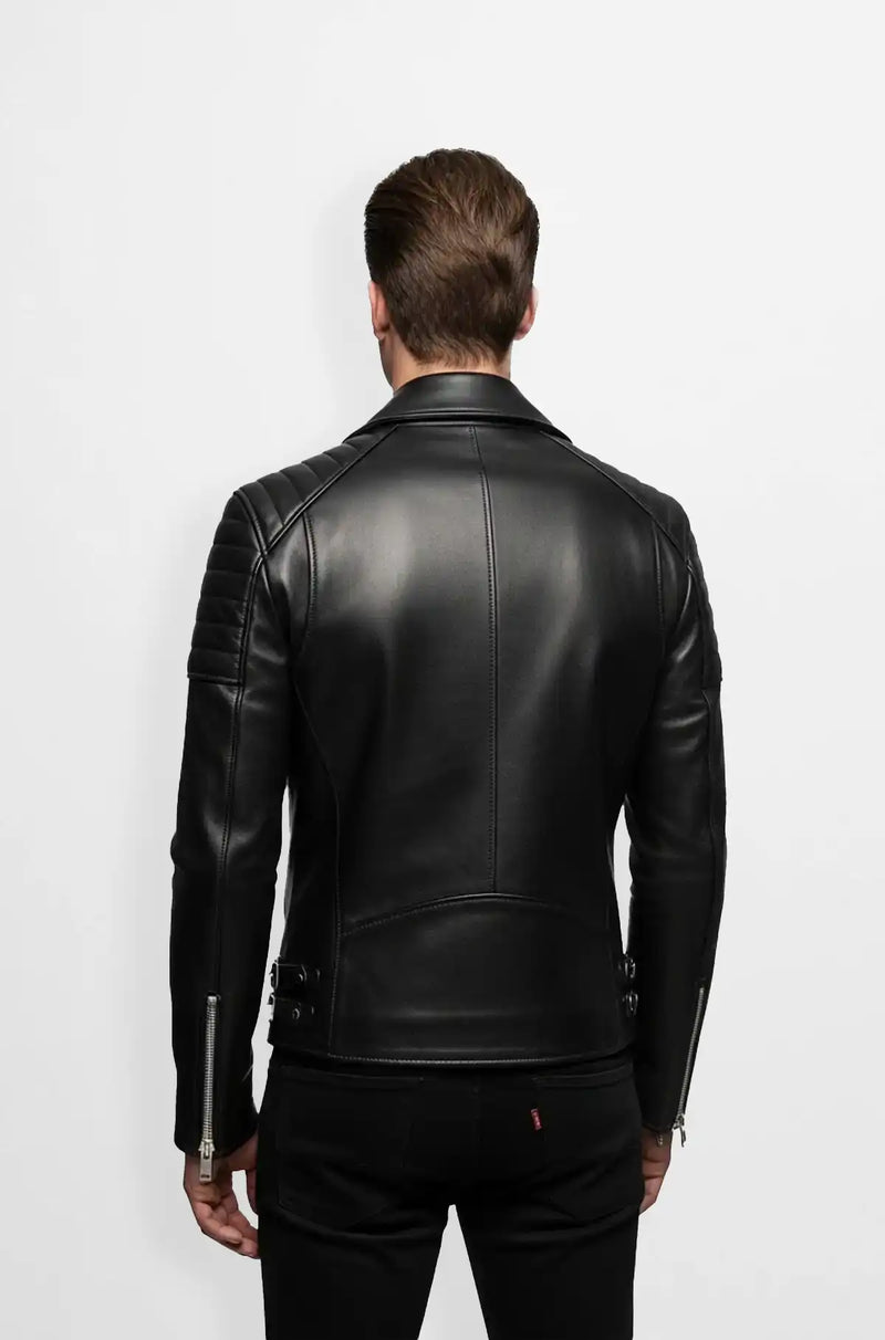 Shadow Rider Black Biker Leather Jacket back view