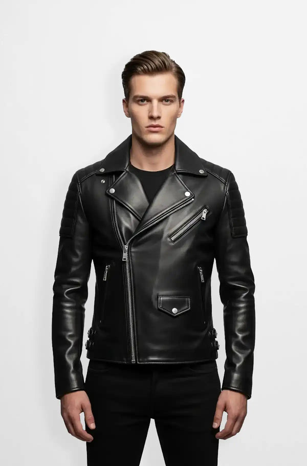 Shadow Rider Black Biker Leather Jacket front view